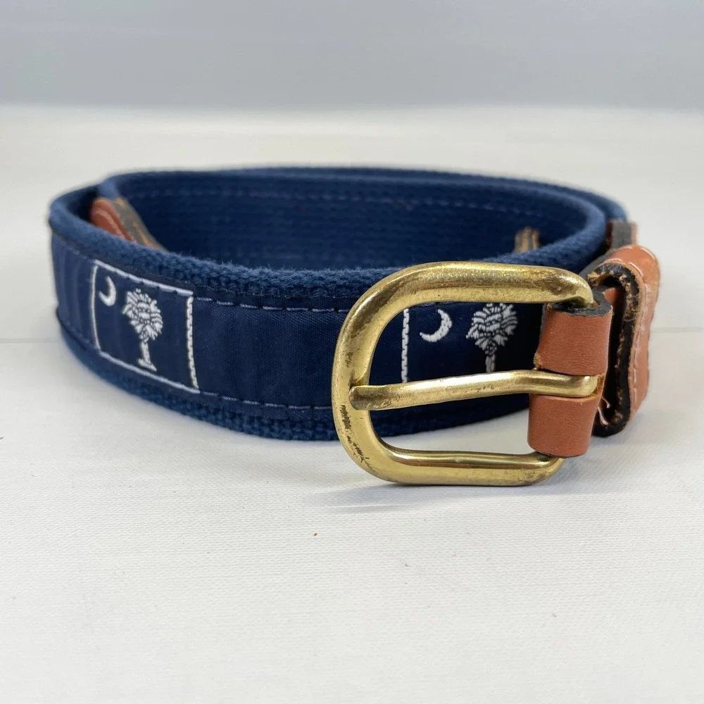 ZEP-PRO Belt Mens Size 32 Navy Fabric Leather South Carolina Palmetto Brass -USA
